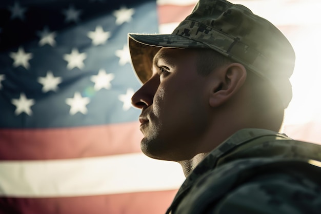 Foto soldado americano retrata fundo da bandeira dos eua generative ai