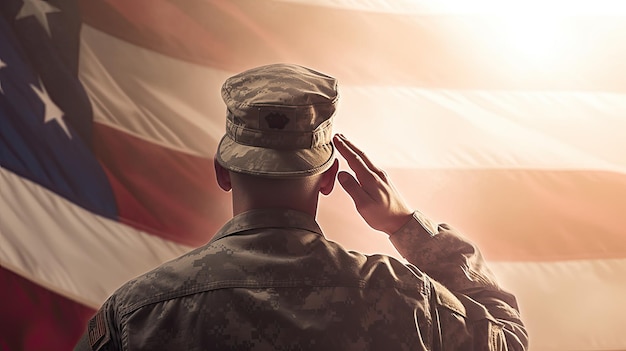 Soldado americano saudando a bandeira dos Estados Unidos da América