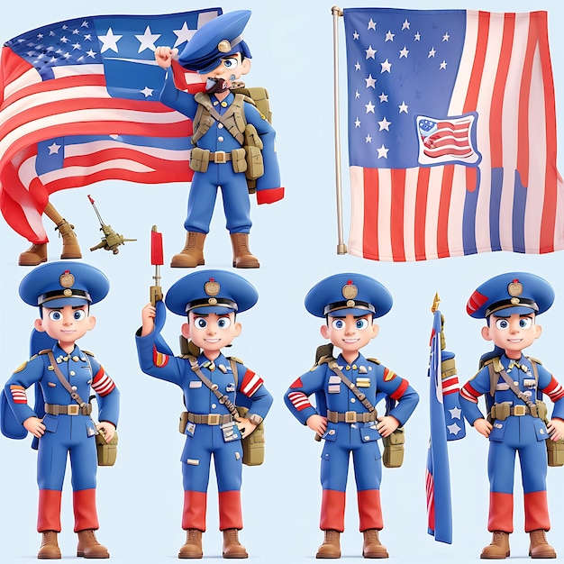 Soldado con ametralladora en uniforme, personaje de dibujos animados con bandera nacional de los Estados Unidos