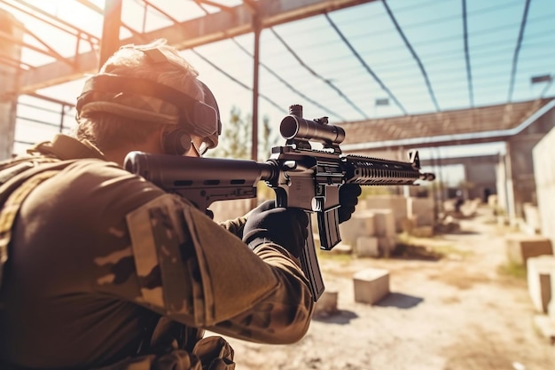 Soldado apuntando con un rifle de asalto en un campo de tiro al aire libre