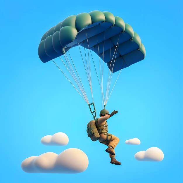Soldado Arafed com um pára-quedas no ar com nuvens IA geradora