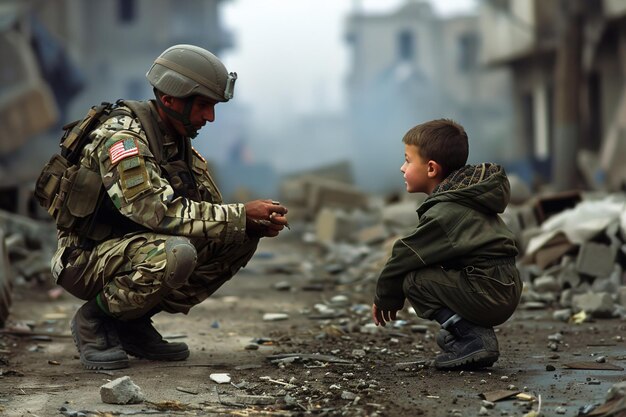 Un soldado se arrodilla para hablar con un niño