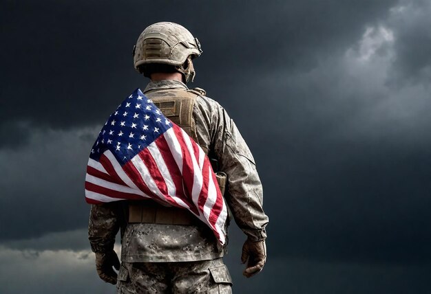 Foto un soldado con una bandera estadounidense en la espalda se encuentra frente a una nube de tormenta oscura