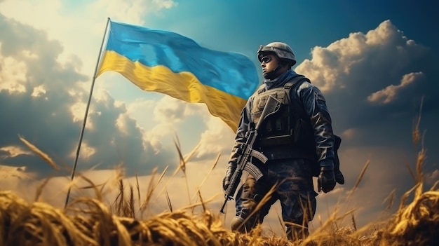 Soldado con bandera ucraniana en campo de trigo Concepto militar y militar IA generativa