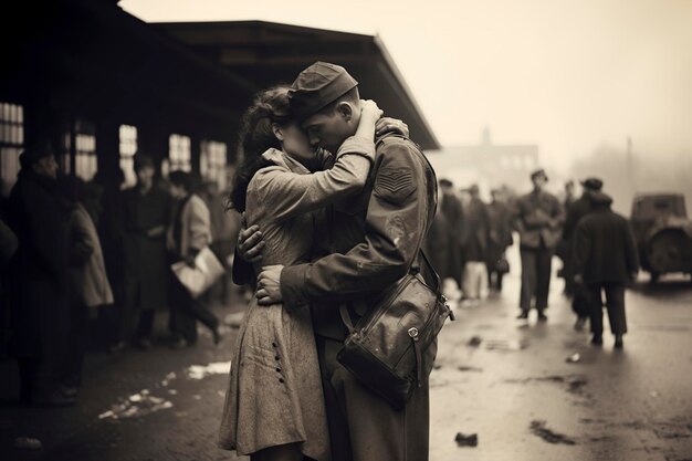 Foto soldado blanco y negro se despide de su familia antes de ir a la guerra en la estación de tren