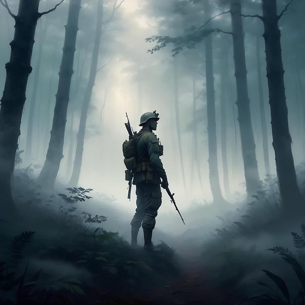 Soldado en un bosque brumoso