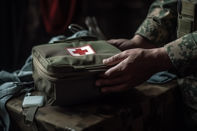 Foto soldado con un botiquín de primeros auxilios