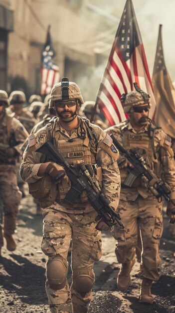 Foto un soldado camina con la bandera en el fondo