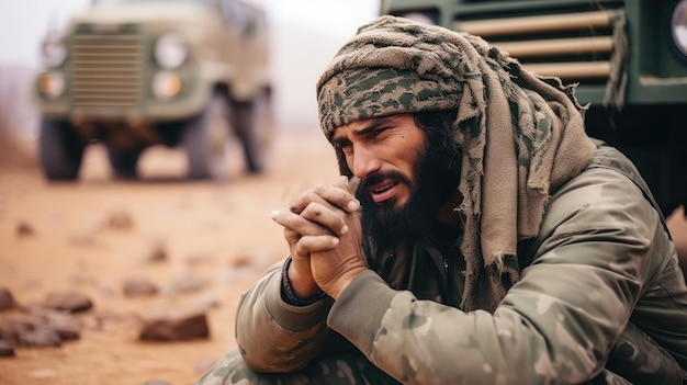 Foto soldado en camuflaje en el desierto reflejando emocionalmente cerca de un vehículo militar