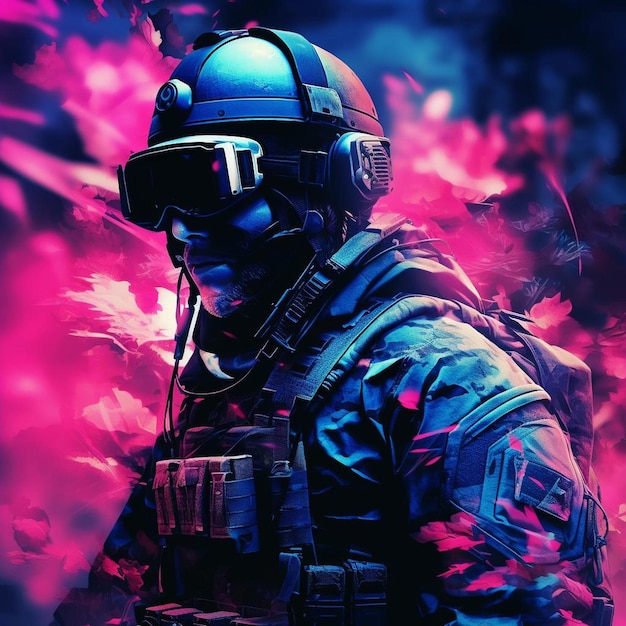 un soldado con un casco azul y un fondo rojo y púrpura.