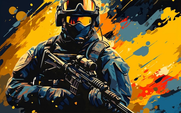 soldado con casco ilustración de estilo emblema foto de alta calidad