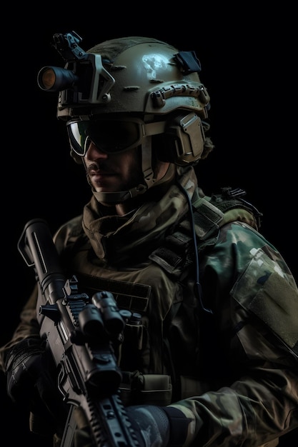 Un soldado con casco y una luz en la cabeza se para en la oscuridad.