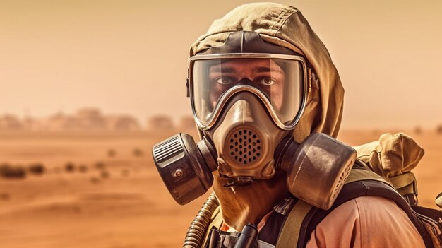 Foto soldado con casco y máscara de gas