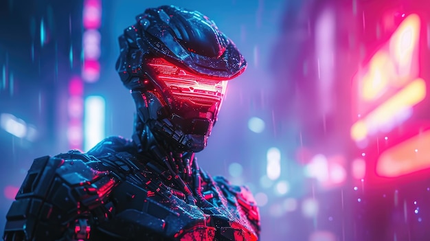 Soldado cibernético futurista na chuva com visor vermelho brilhante