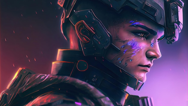 Soldado ciberpunk Un hermoso retrato de arte digital de un soldado cyberpunk Pintura de ilustración de estilo de arte digital