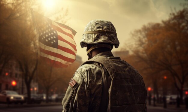 Soldado com bandeira americana Dia dos Veteranos