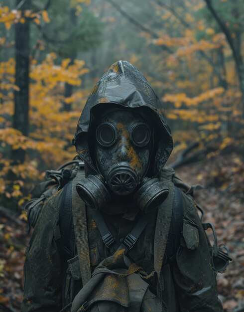 Soldado com máscara de gás caminha pela floresta de outono com mochila e arma Cosplay postapocalíptico