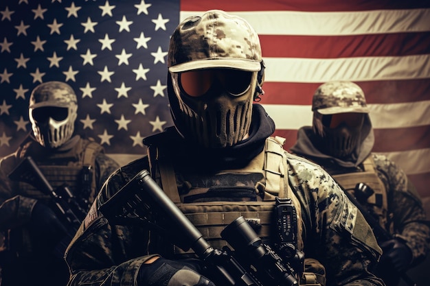 Soldado com máscara de gás e uniforme militar no fundo da bandeira americana Soldados do Exército dos EUA com armas e a bandeira dos Estados Unidos no fundo Rosto coberto com uma máscara AI Gerado