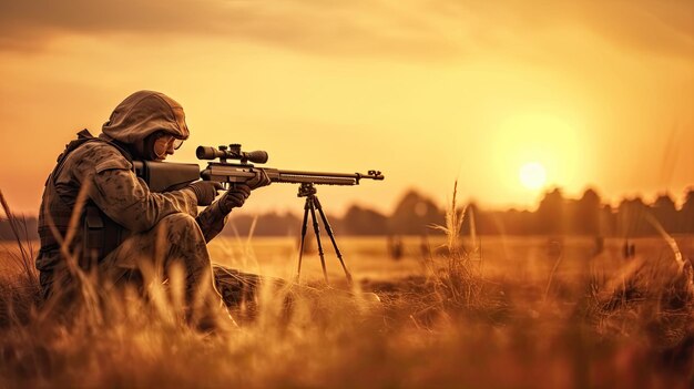 Soldado com rifle de atirador de um rifle com uma visão óptica No pôr-do-sol