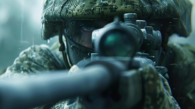 Foto soldado com um atirador a apontar ai generative