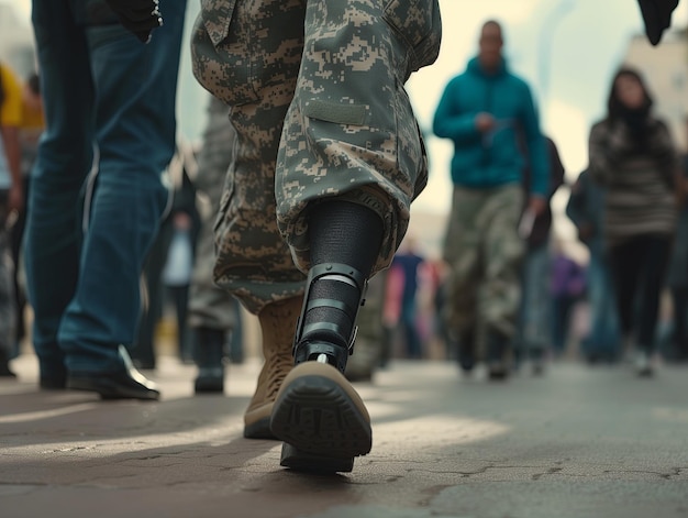 soldado com uma perna prótese na cidade Closeup