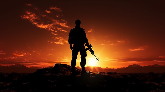 Foto soldado com uma silhueta de arma contra o pôr do sol