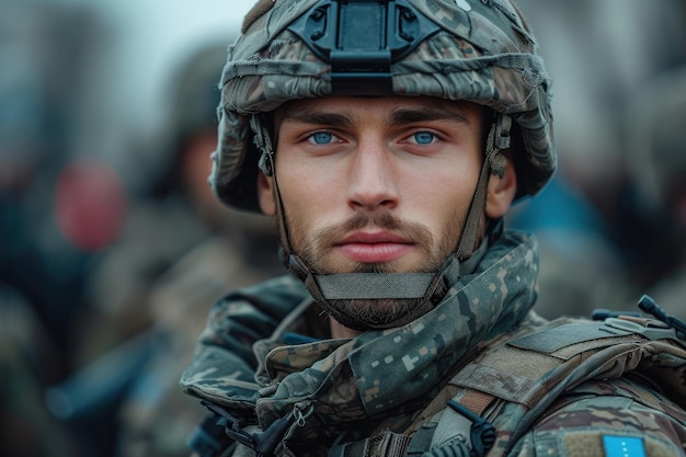 Un soldado en completo equipo de combate de guardia con una expresión seria