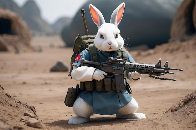 Un soldado conejo listo para la guerra con armas avanzadas