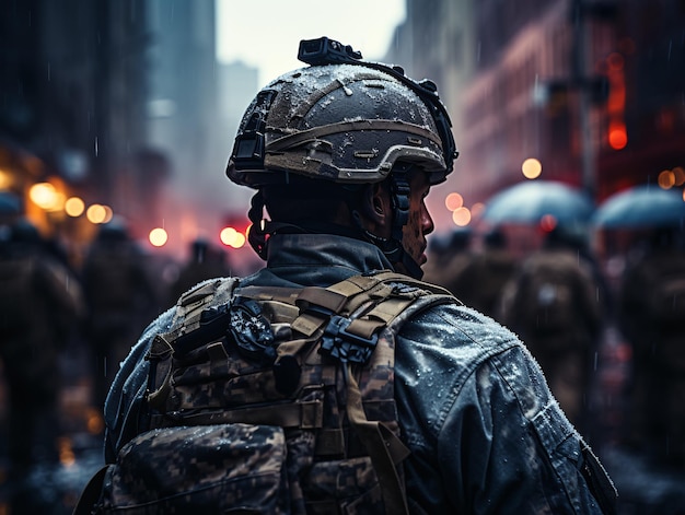 Foto soldado contra o pano de fundo de uma cidade pacífica