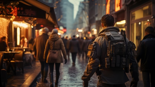 Foto soldado contra o pano de fundo de uma cidade pacífica