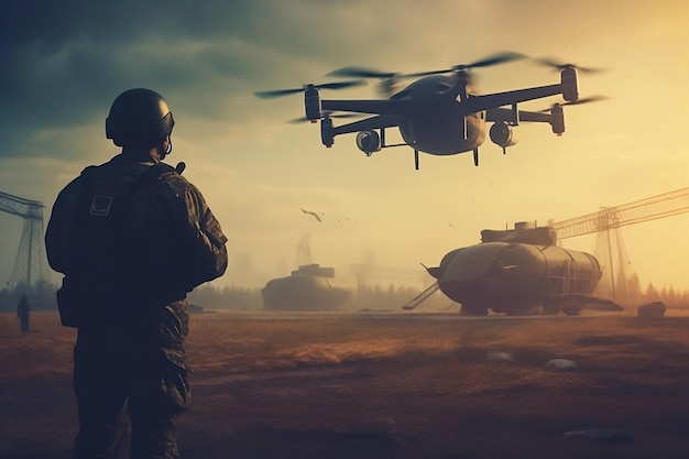Soldado controlando drones en la guerra moderna volando alrededor de la IA generativa del campo de batalla