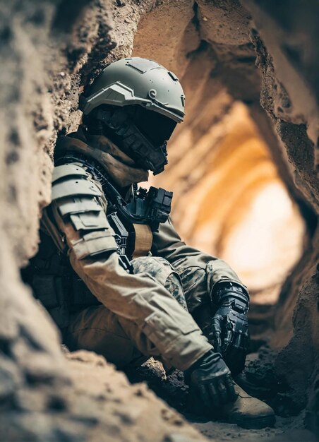 un soldado en una cueva con un casco y un casco