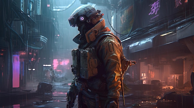 Soldado cyberpunk entre os detritos ilustração de arte digital Generative AI