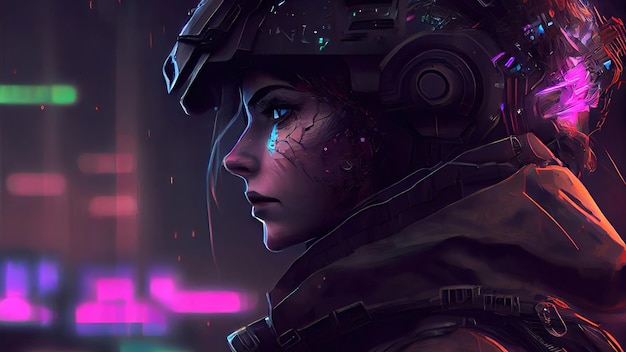 Soldado cyberpunk Um belo retrato de arte digital de Um soldado cyberpunk Pintura de ilustração de estilo de arte digital