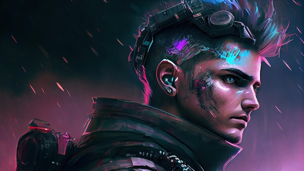 Soldado cyberpunk Um belo retrato de arte digital de Um soldado cyberpunk Pintura de ilustração de estilo de arte digital