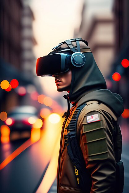 Soldado cyborg con capucha de casco de realidad virtual en la cabeza en la calle ilustración 3d