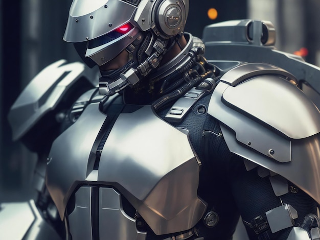 Un soldado cyborg futurista en un traje de metal protege contra el peligro generado por la IA