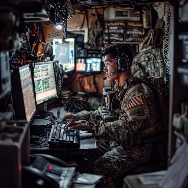 Foto soldado da ba usando fones de ouvido opera um computador em um veículo militar