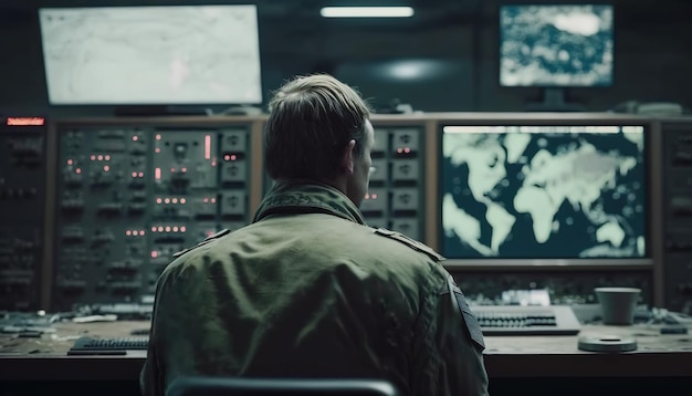 Soldado da sala de guerra no painel de controle, monitorando inteligência e comunicações Generative AI