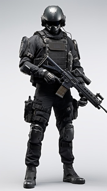 Soldado da unidade de elite vestido inteiramente de preto.