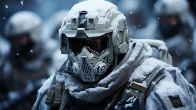 Foto soldado das forças especiais com um rifle de assalto numa floresta coberta de neve.