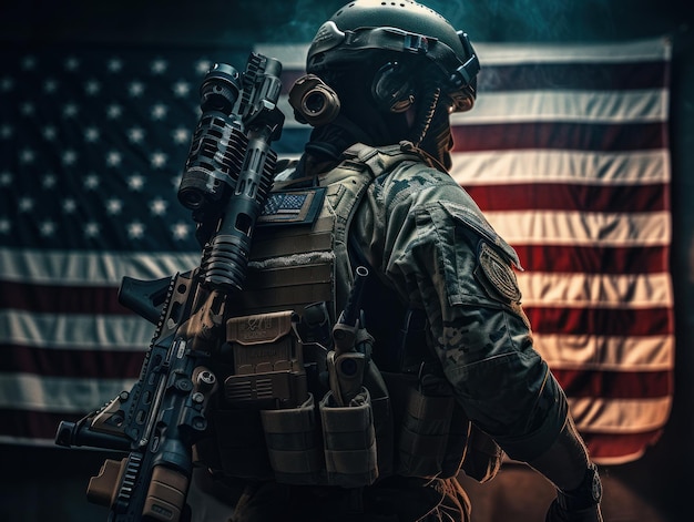 Soldado das forças especiais do Exército dos Estados Unidos em uniforme e capacete com rifle de assalto Criado com tecnologia de IA generativa