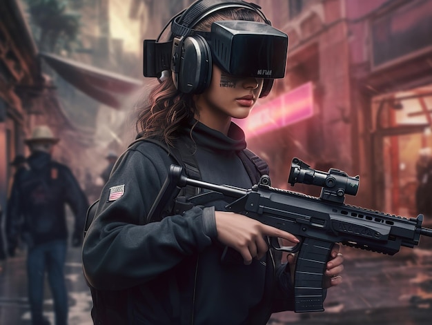 soldado das forças especiais segurando mulheres de metralhadora na zona de guerra VR design de conceito de jogo gerado por ai