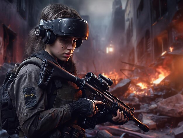 soldado das forças especiais segurando mulheres de metralhadora na zona de guerra VR design de conceito de jogo gerado por ai
