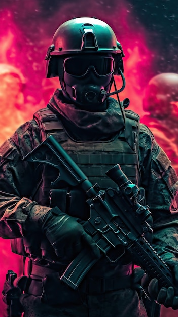 Soldado das forças especiais segurando uma arma, luzes de néon, guerra e confrontos