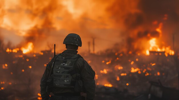 Soldado de pé em frente a um grande fogo