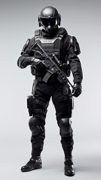 Soldado de unidade de elite vestido inteiramente de preto isolado em fundo mínimo