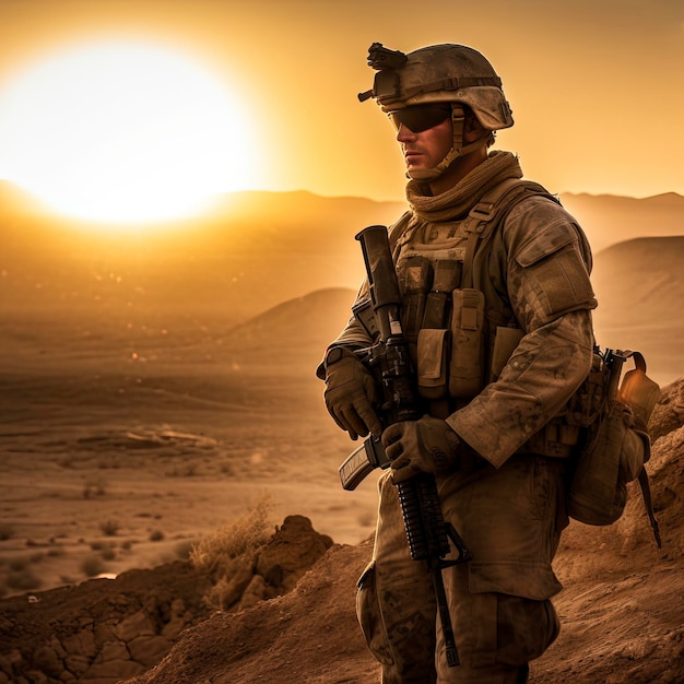 Foto un soldado se para en un desierto con la puesta de sol detrás de él.