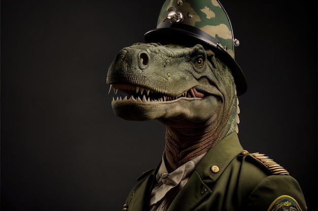 Un soldado dinosaurio con un uniforme militar con la palabra jurásico.