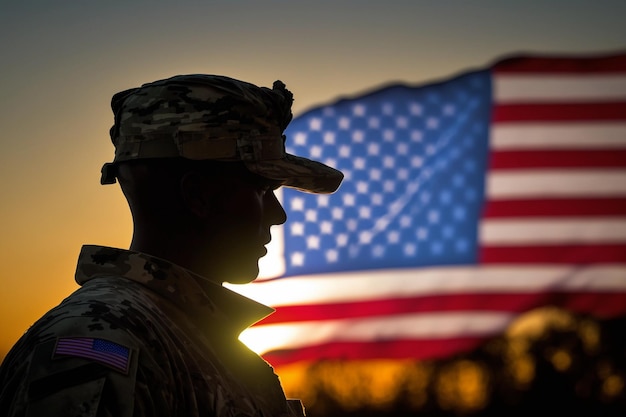 Soldado do exército dos EUA com cartão de saudação da bandeira da nação para a celebração do Dia da Independência do Dia dos Veteranos